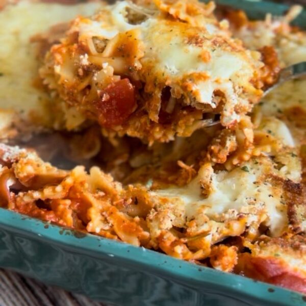 Dump and bake chicken parmesan casserole with melted cheese