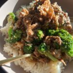 One pan Mongolian beef with green onions in a glossy sauce