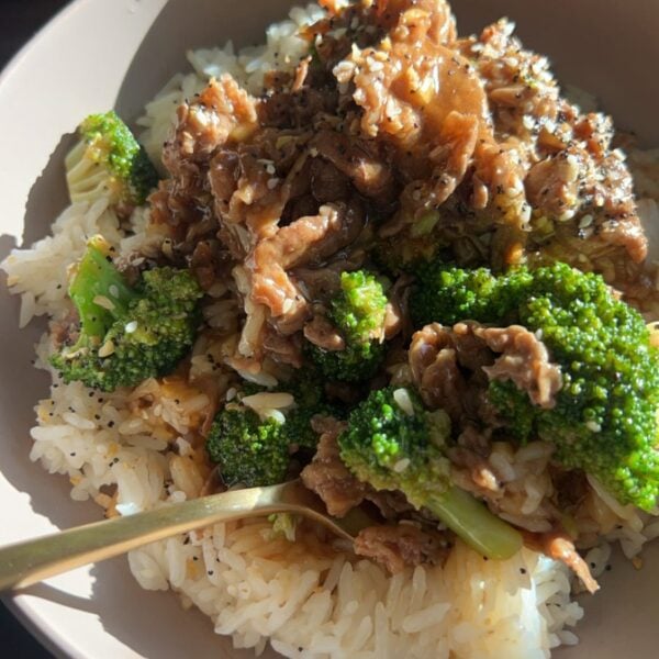 One pan Mongolian beef with green onions in a glossy sauce