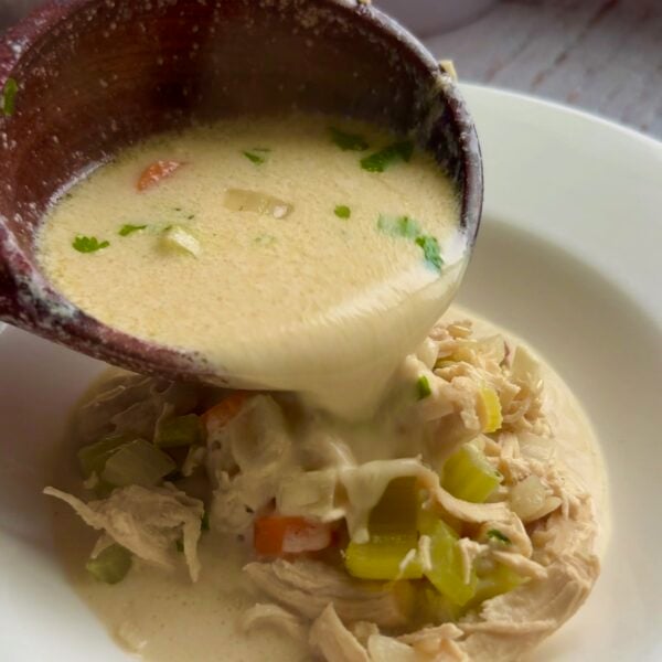 Creamy chicken and wild rice soup ladled into a white bowl with celery and carrots