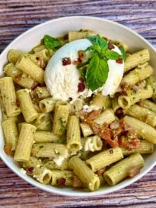 Creamy Pesto and Pancetta Rigatoni with Burrata