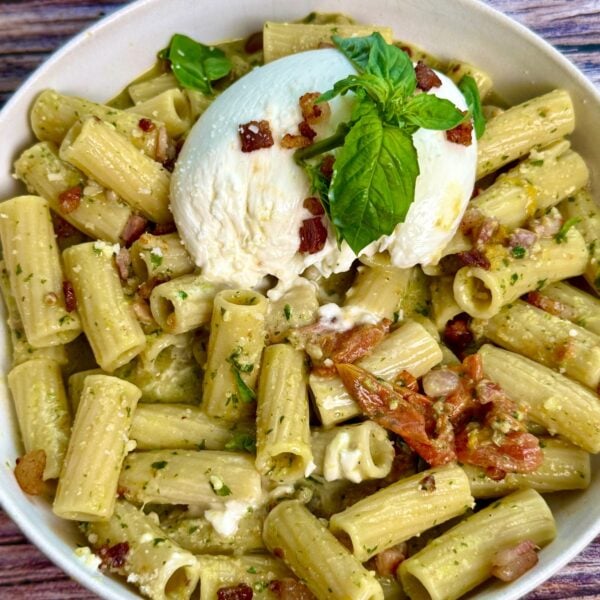 Creamy Pesto and Pancetta Rigatoni with Burrata final pic
