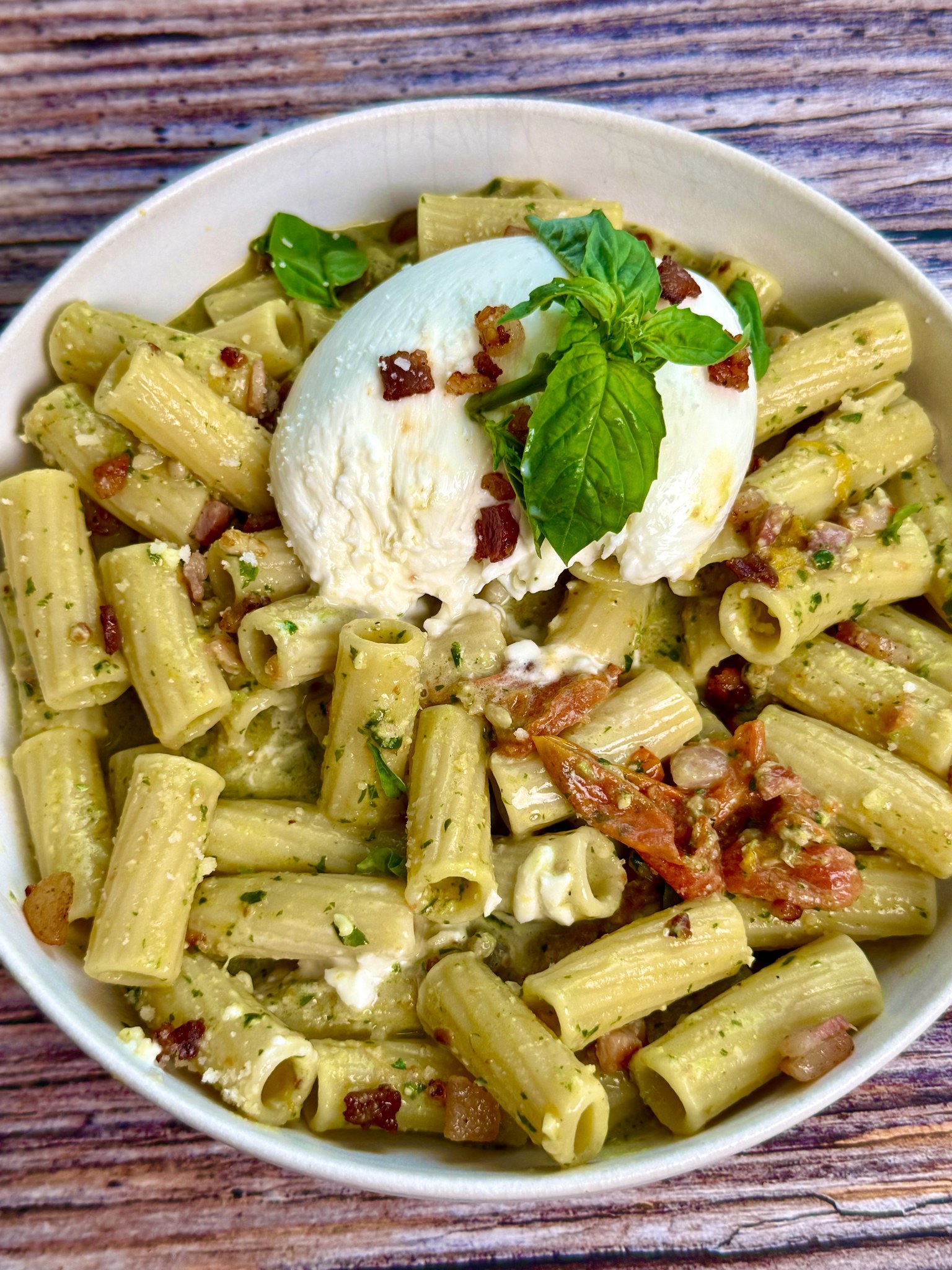 Creamy Pesto and Pancetta Rigatoni with Burrata final pic