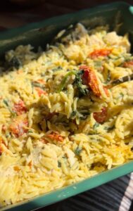 Dump and Bake Tuscan Chicken Orzo Casserole