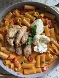 One Pan Creamy Rigatoni with Chicken and Burrata