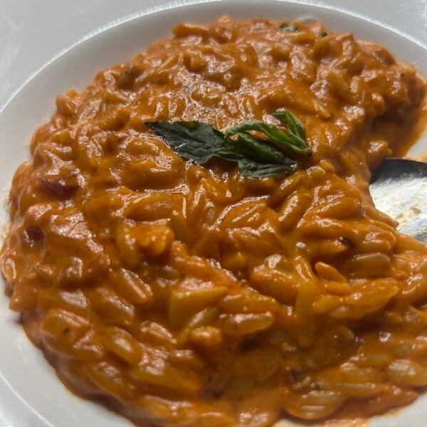 Creamy orzo alla vodka in a white bowl topped with fresh basil leaves