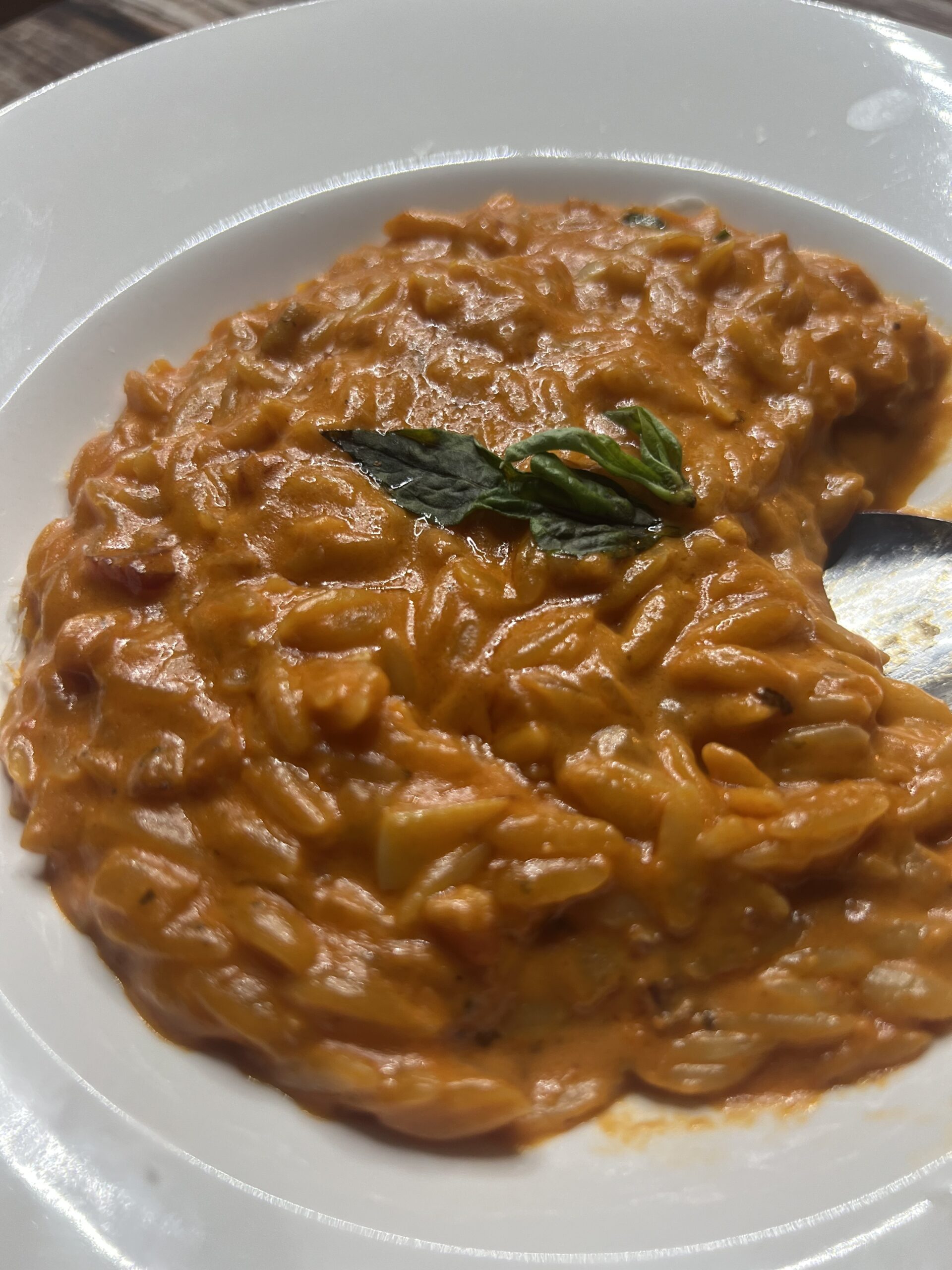 Creamy orzo alla vodka in a white bowl topped with fresh basil leaves
