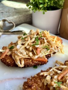 Peanut-Crusted Chicken Cutlets with Lime-Honey Coleslaw