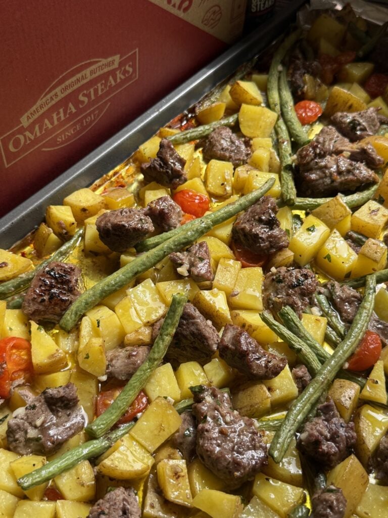 Sheet pan garlic butter steak bites with roasted vegetables