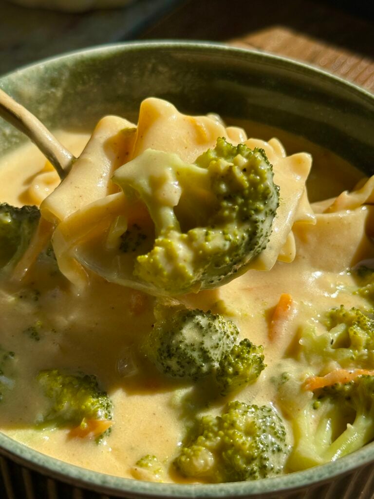 Spoon lifting broccoli florets and lasagna noodles from creamy cheddar soup