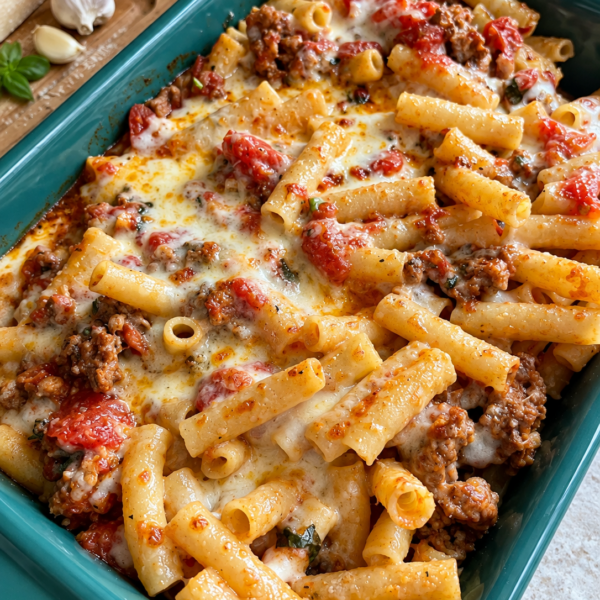 Rigatoni baked with Italian sausage and melted mozzarella in a teal baking dish
