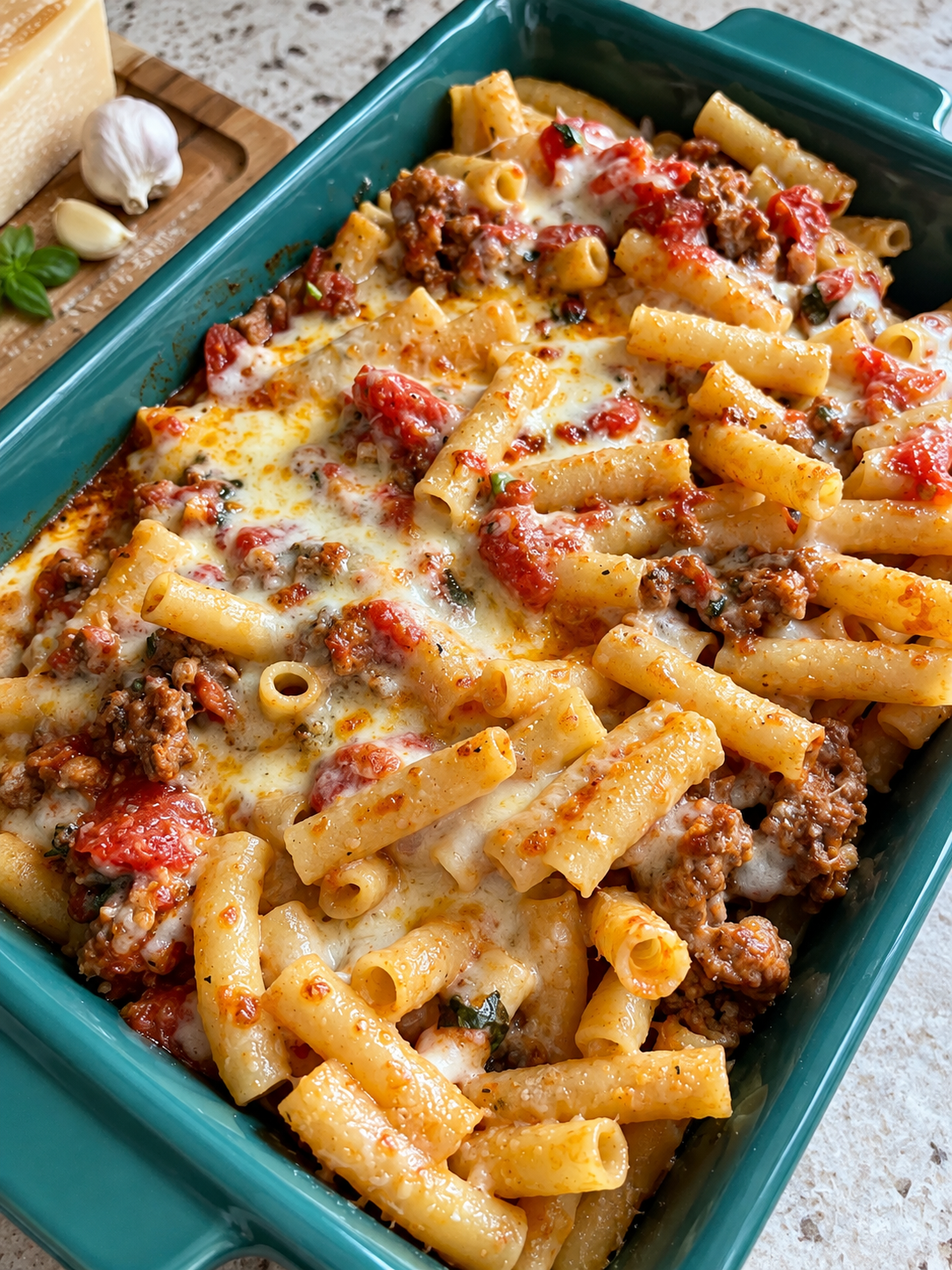 Rigatoni baked with Italian sausage and melted mozzarella in a teal baking dish