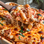 Wooden spoon lifting baked rigatoni and meat sauce with stretching melted cheese
