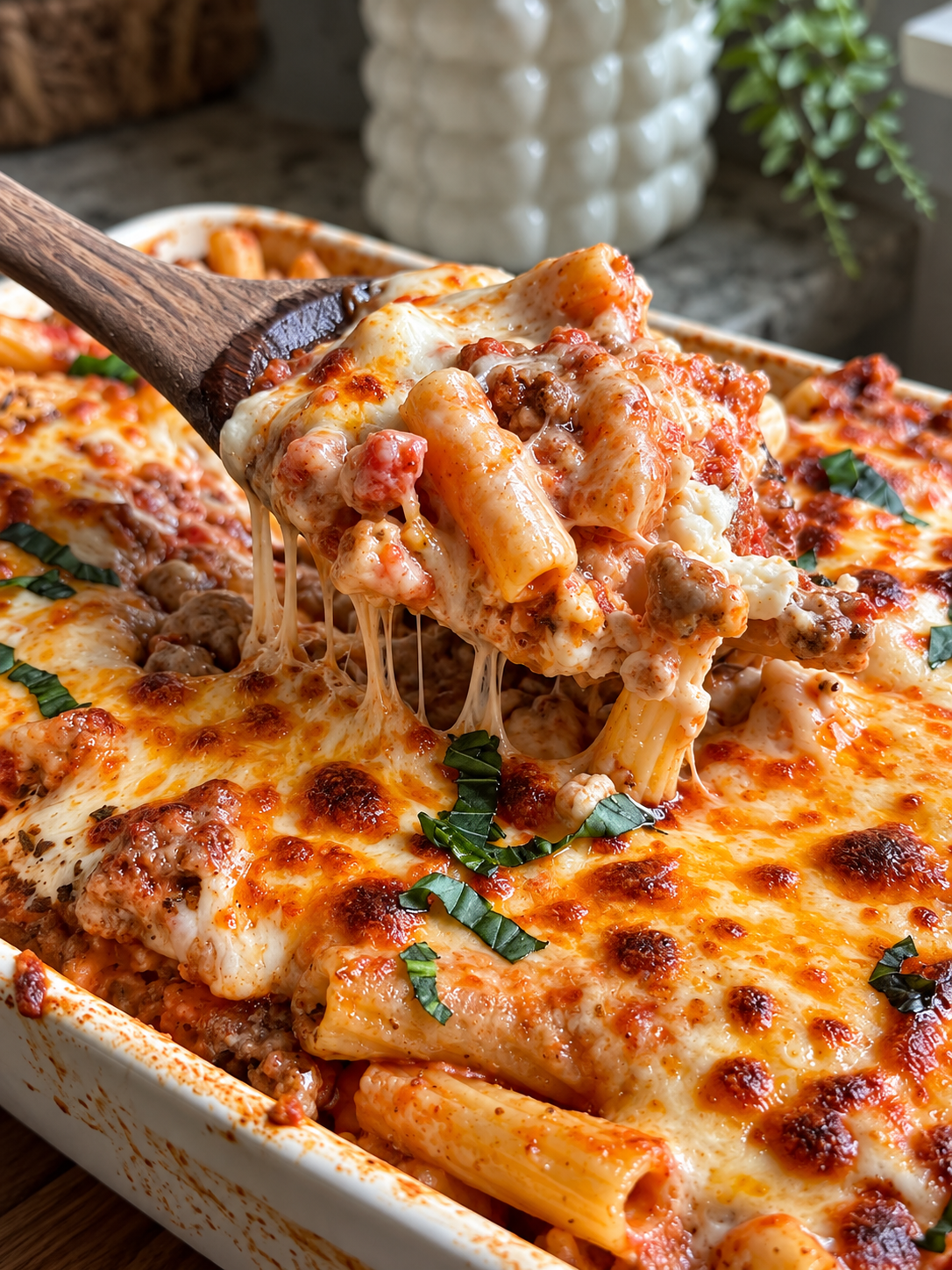 Wooden spoon lifting baked rigatoni and meat sauce with stretching melted cheese