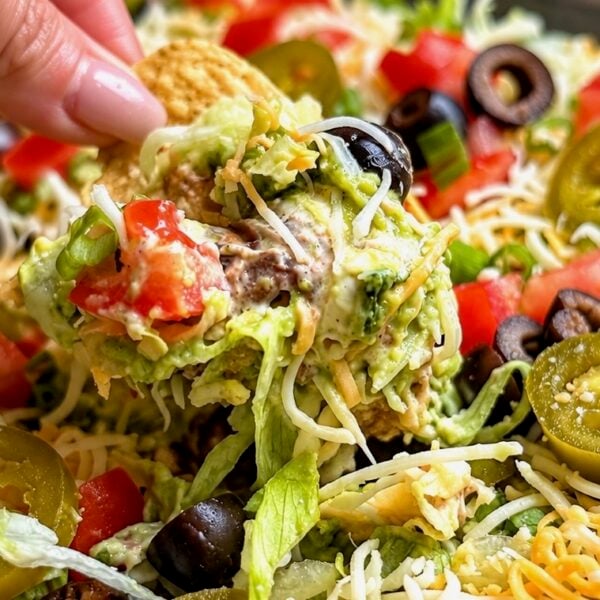 Hand lifting a loaded tortilla chip from layered taco dip with olives and jalapenos