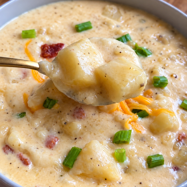 Gold spoon lifting potato chunks from loaded baked potato soup with bacon and chives