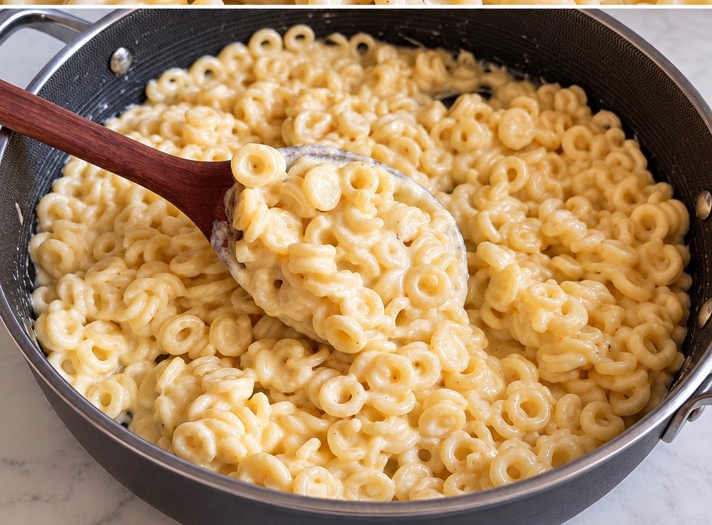Skillet of little ring pasta in creamy alfredo sauce with a wooden spoon