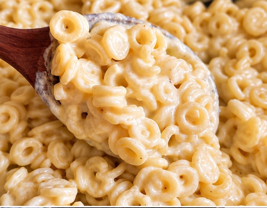 Wooden spoon lifting a heap of ring pasta coated in creamy alfredo sauce