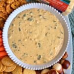 Creamy poblano beer queso in a white dish ringed with crackers and pretzel bites