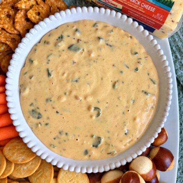 Creamy poblano beer queso in a white dish ringed with crackers and pretzel bites
