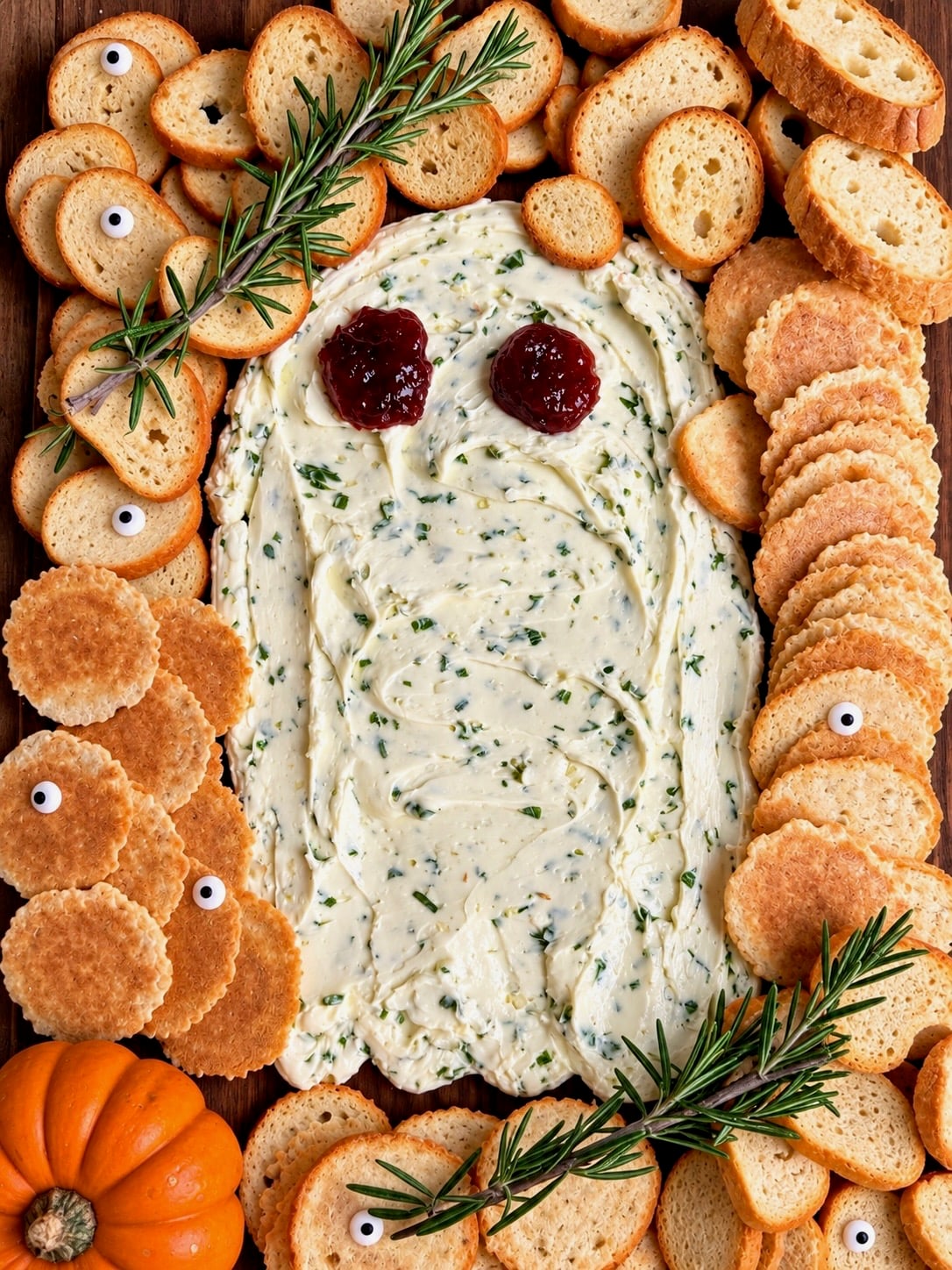 Ghost-shaped herbed whipped butter board ringed by crostini, rosemary and a mini pumpkin