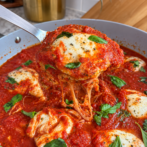 Spatula lifting breaded chicken from pizzaiola sauce with melted mozzarella and basil