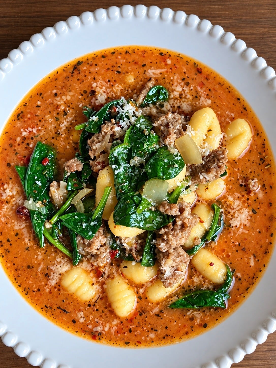 Creamy sausage gnocchi soup with wilted spinach and parmesan in a white scalloped bowl