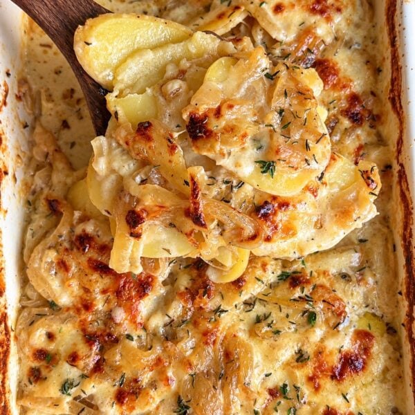 Wooden spoon lifting French onion scalloped potatoes with caramelized onions from a white baking dish