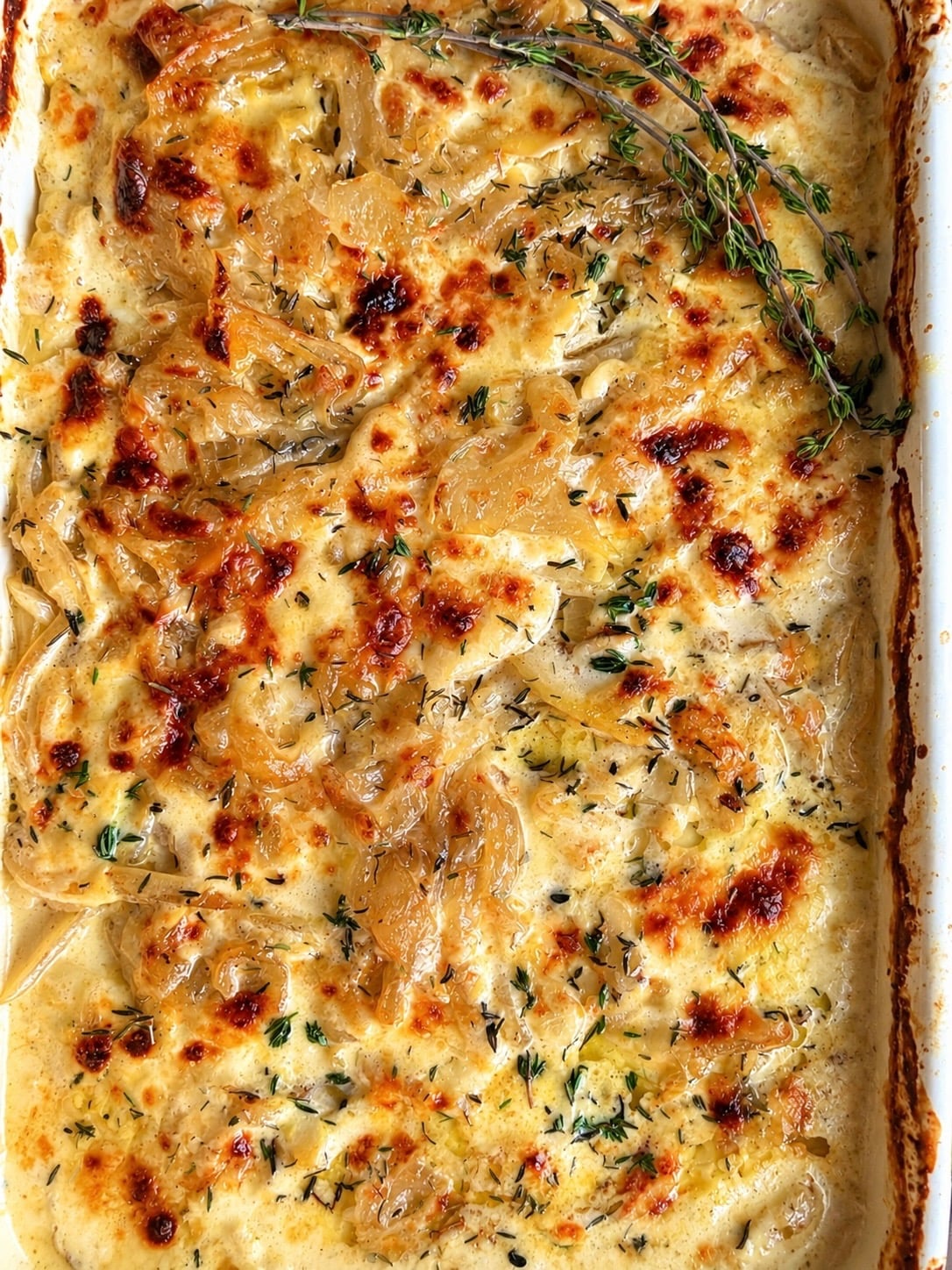 Baking dish of scalloped potatoes with a golden, browned cheese top and fresh thyme sprigs