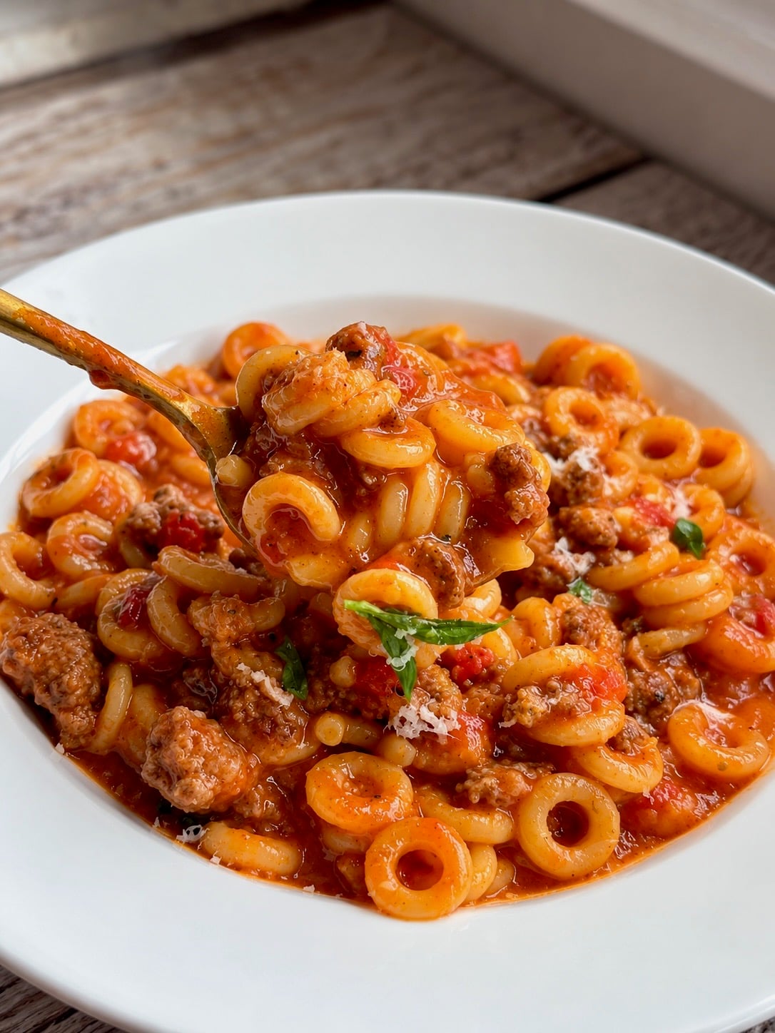 Gold spoon in a bowl of homemade Spaghetti-O's with mini meatballs and chopped parsley