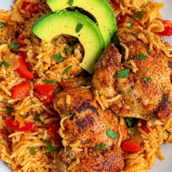 Golden seared chicken over one pan tomato rice with peppers and sliced avocado