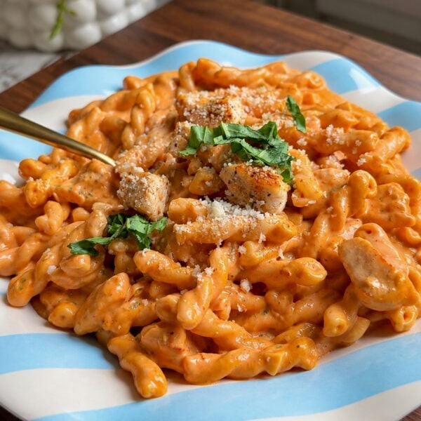Chicken pasta alla vodka with corkscrew pasta, parmesan and basil on a blue-striped plate